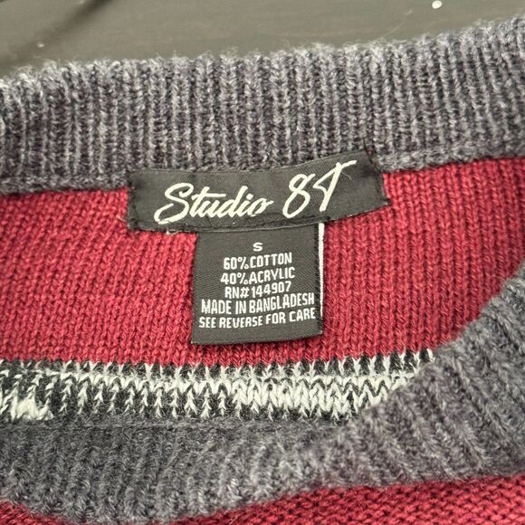Studio 81 Striped Crewneck Sweater Men’s S GrandpaCore Retro Maroon Gray Knit - Picture 5 of 11